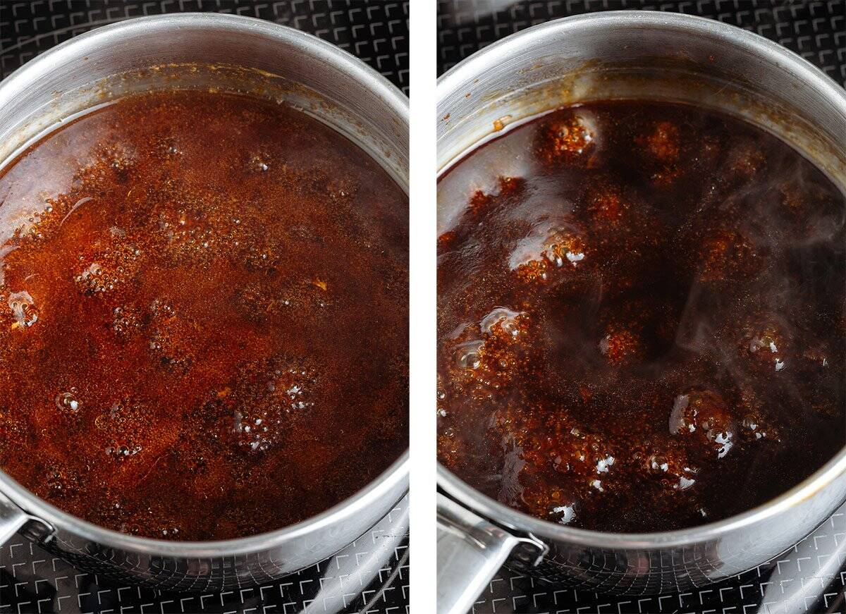 Tamari, minced garlic, ginger, and other ingredients with added tapioca starch to thicken it simmering in a small saucepan on the stove.
