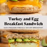 Two breakfast sandwiches with eggs, ham, melted cheese, and avocado stacked on top of each other, the bottom one cut in half showing the inside.