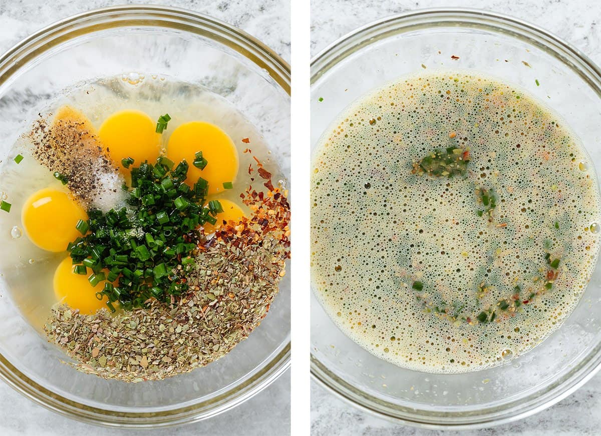 Eggs, spices, and chopped fresh chives in a glass bowl before and after whisking.