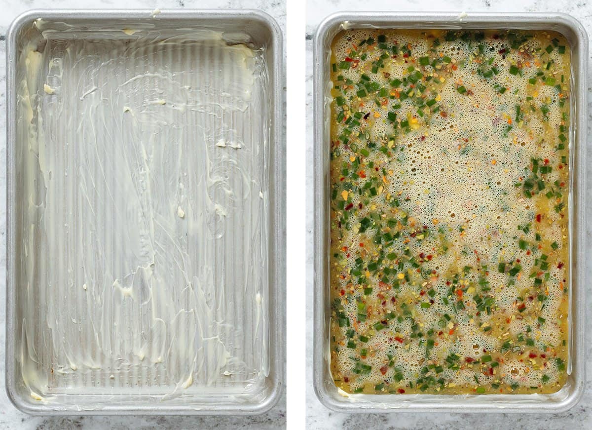 A small baking dish generously brushed with butter and whisked egg mixture added.