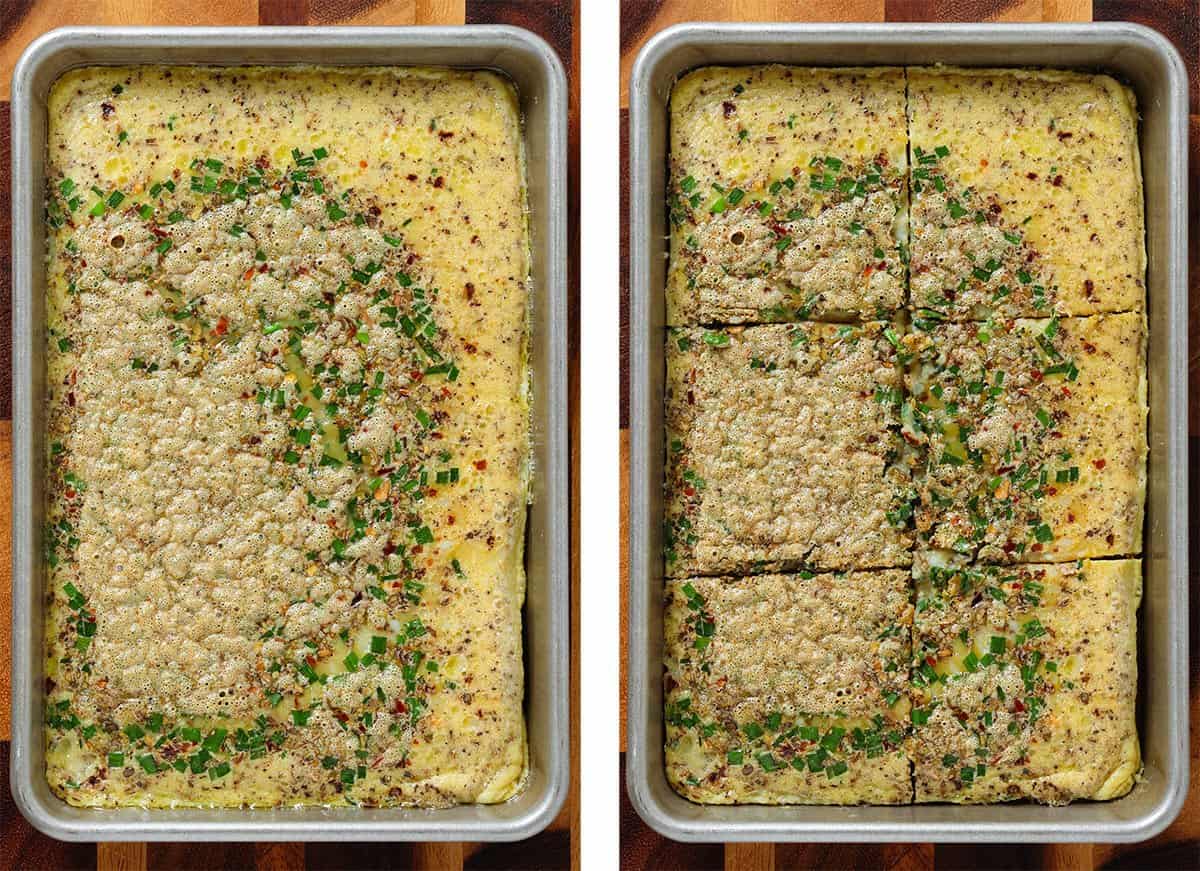Baked egg omelette in a small rimmed baking sheet sliced into 6 squares.