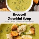 Creamy green broccoli soup in a white bowl garnished with torn up toasted sourdough bread and fresh thyme.