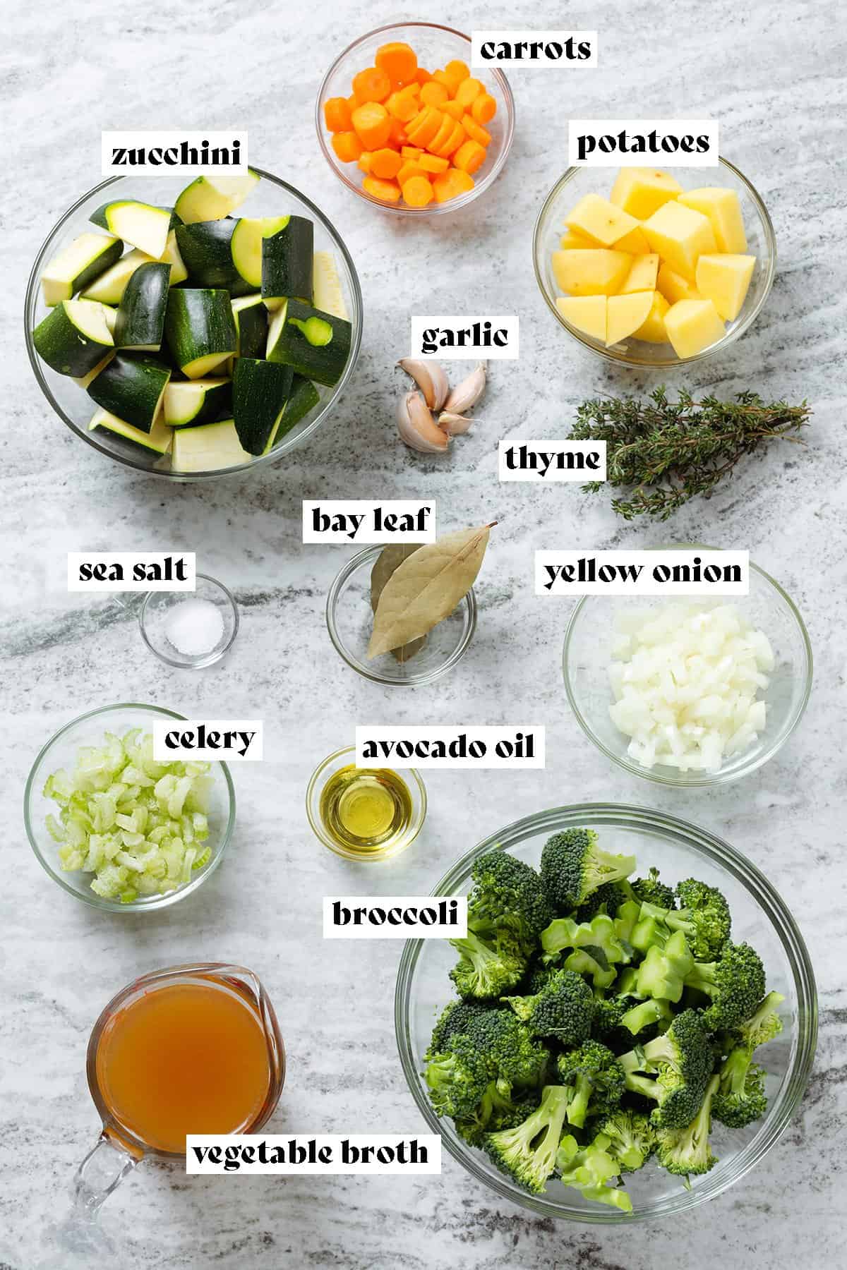 Glass bowls with measured ingredients like diced zucchini, broccoli florets, potatoes, and carrots with text overlay.