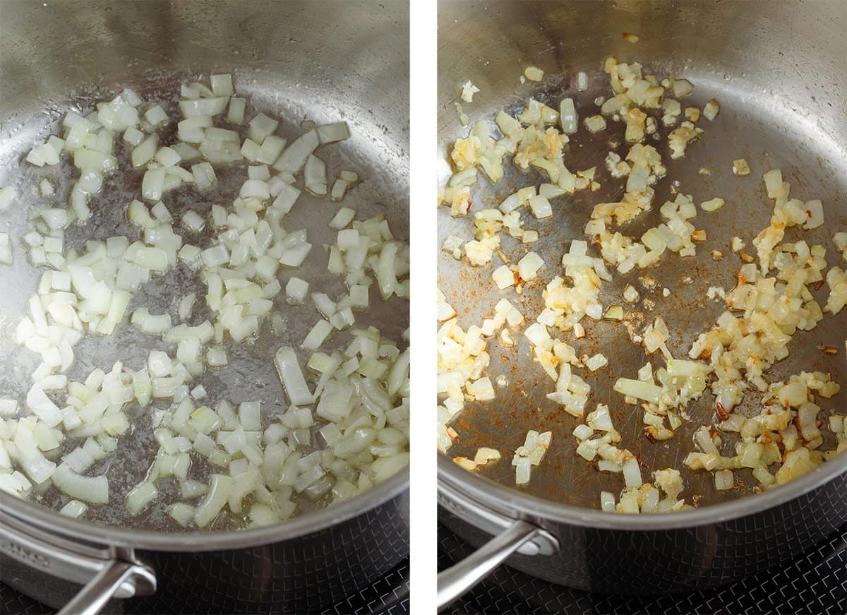 Diced yellow onion sauteing in a large pot with cooking oil until golden.