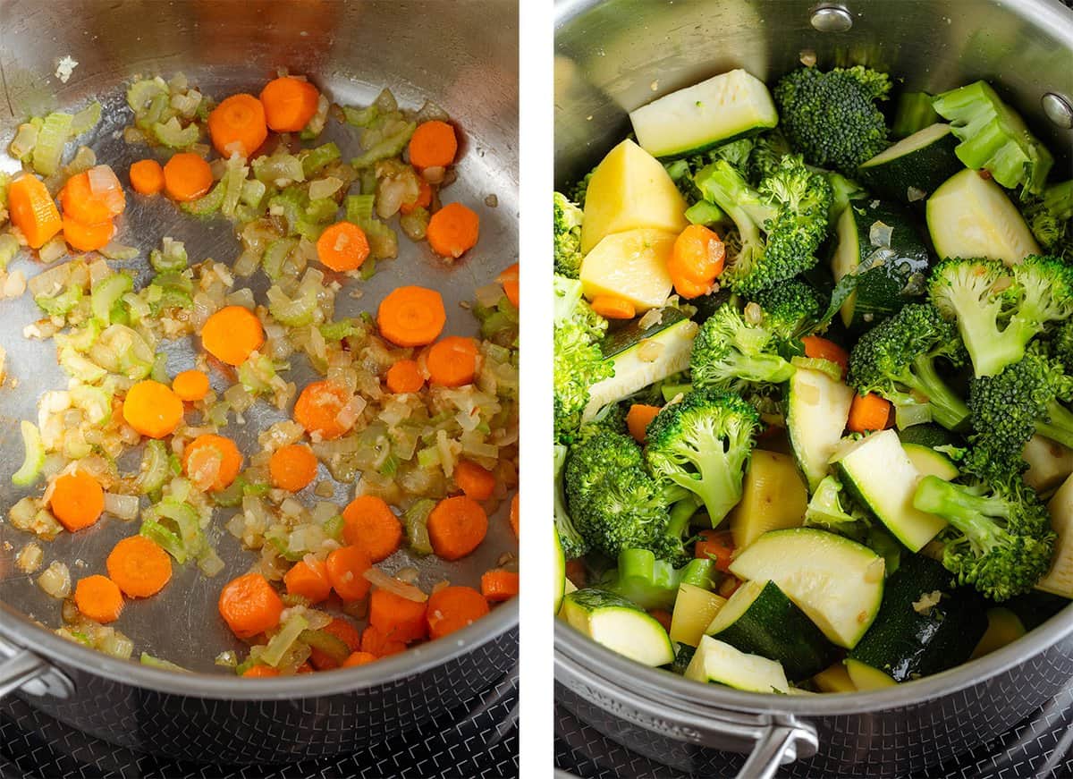 Carrots, celery, and onions cooking in a large pot on the left and broccoli, potatoes, and zucchini being added to the pot on the right.