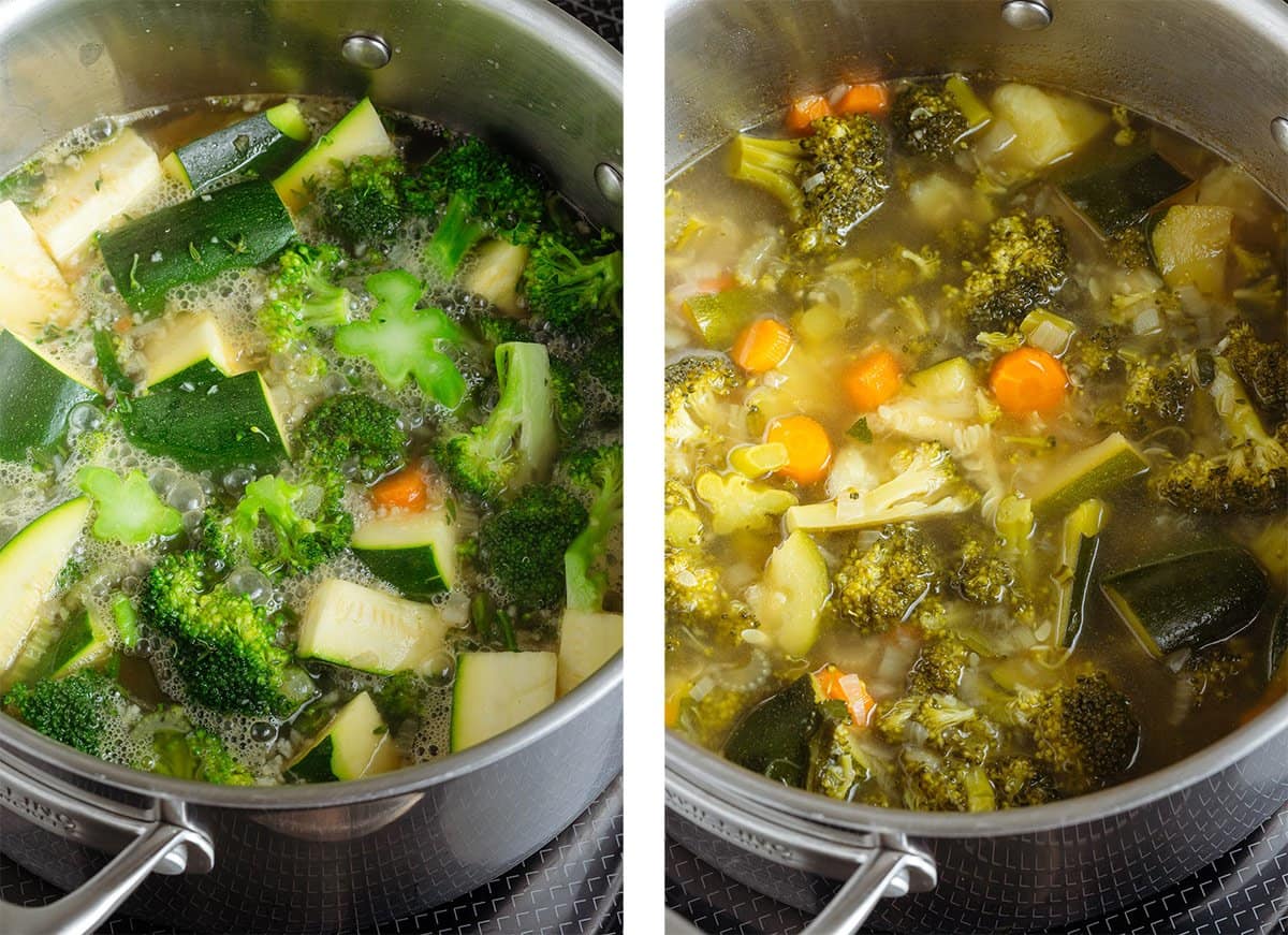 Broccoli and zucchini soup simmering in a large pot on the stove.