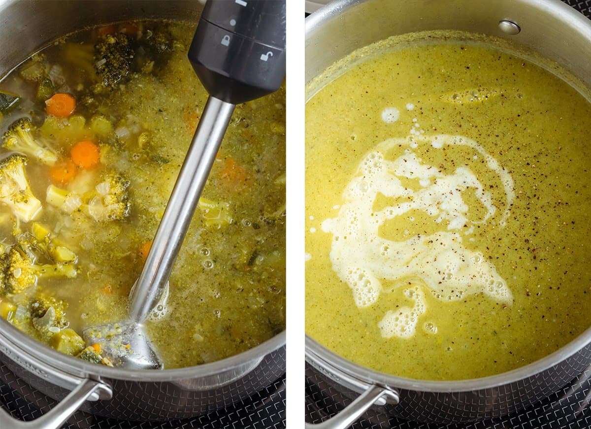 An immersion blender blending the soup until smooth, heavy cream is added at the end.