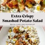 Crispy potato salad with yogurt mayo dressing garnished with bit of more crispy potatoes and fresh dill in a white bowl with gold utensils.