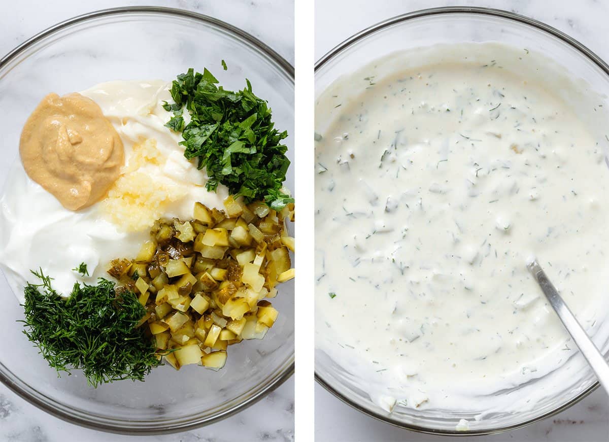 A small glass bowl with yogurt, mayonnaise, fresh herbs, diced pickles, and mustard before and after whisking.