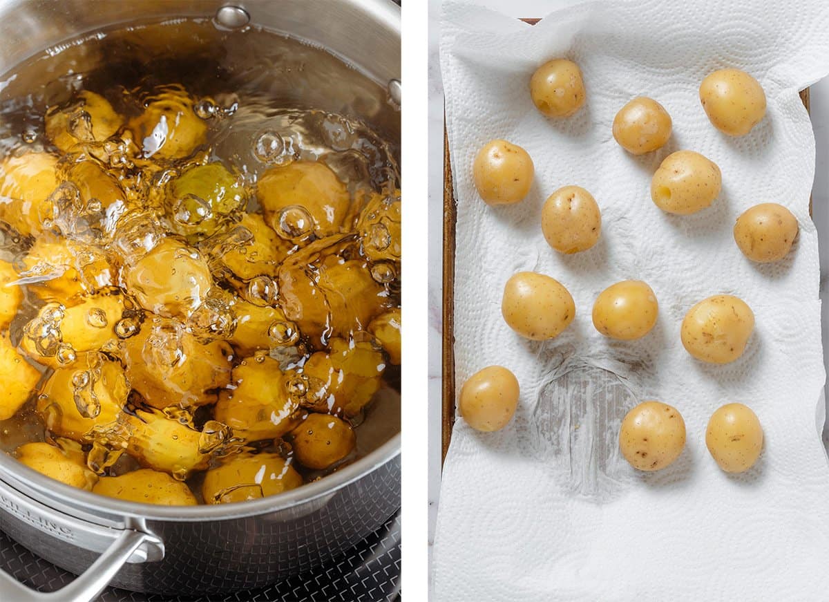 Baby potatoes cooking in a large pot and drying on a paper towel.