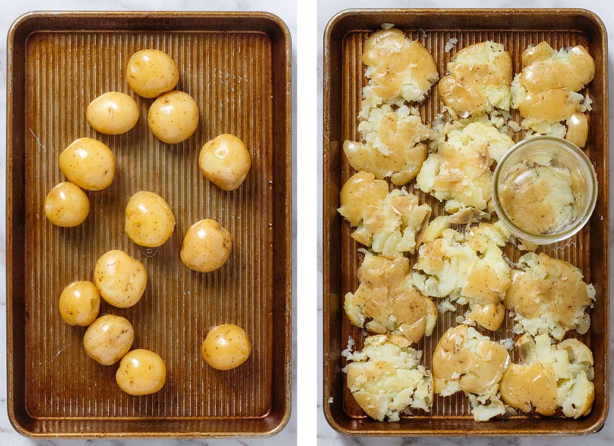 Parboiled baby potatoes getting smashed on a baking sheet using a mason jar.