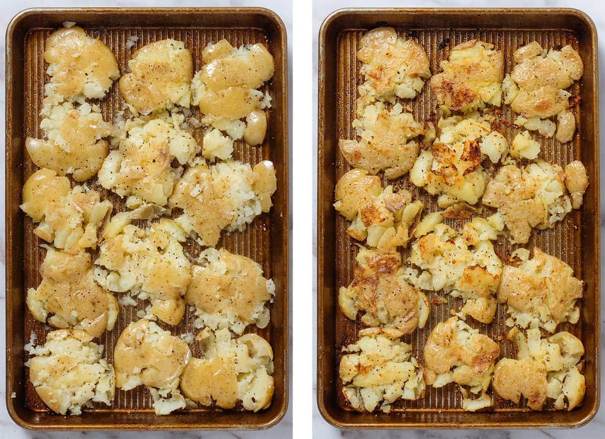 Smashed baby potatoes on a baking sheet before and after roasting.