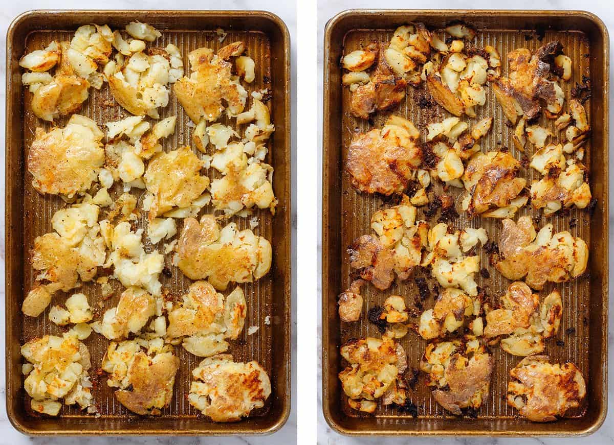Smashed potatoes flipped halfway through roasting on the left and roasted more till golden on the right on a baking sheet.