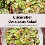 Cucumber and couscous salad in a large white bowl with gold utensils on a marble background.