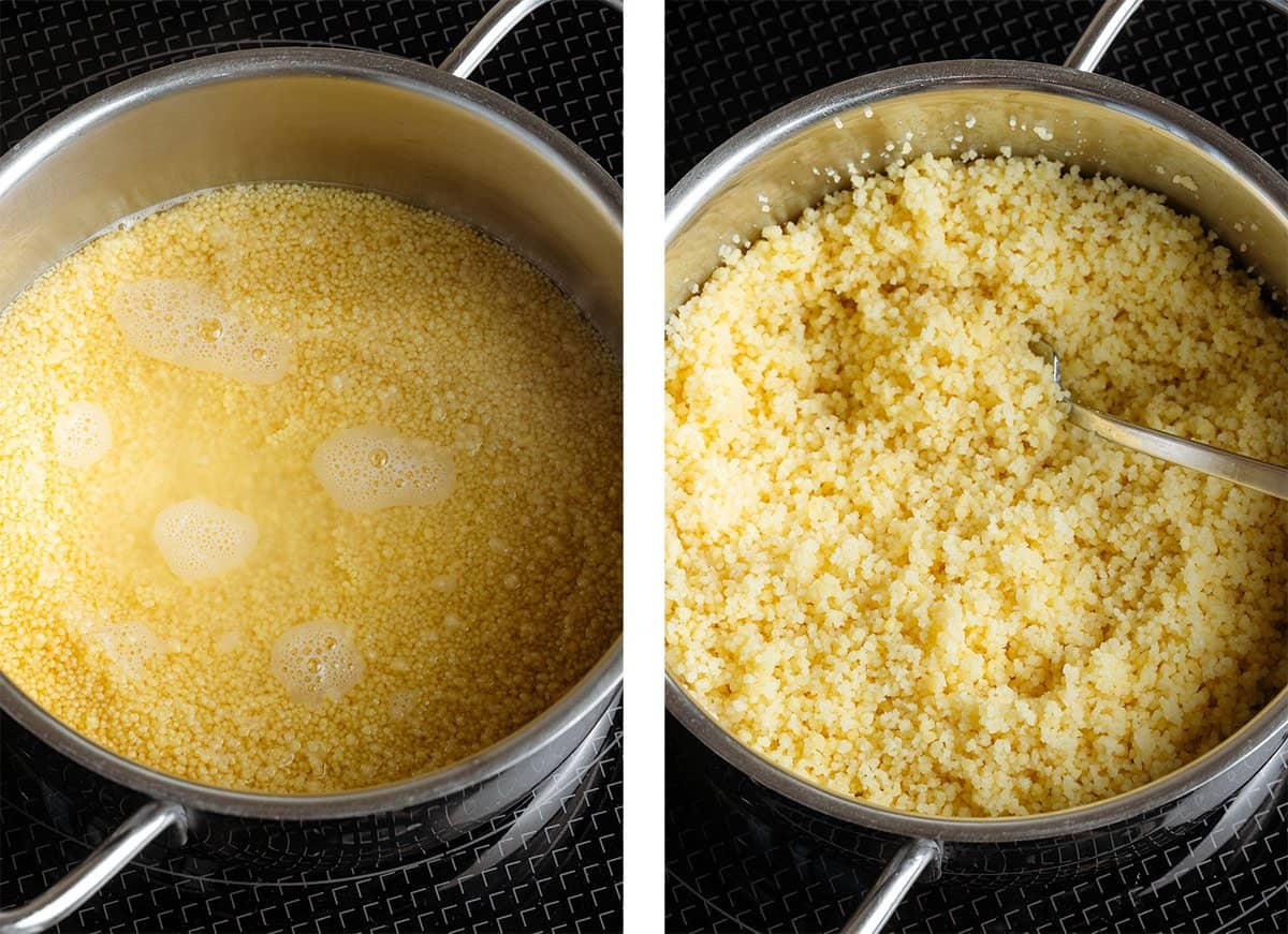 Couscous with water in a small saucepan before and after cooking.