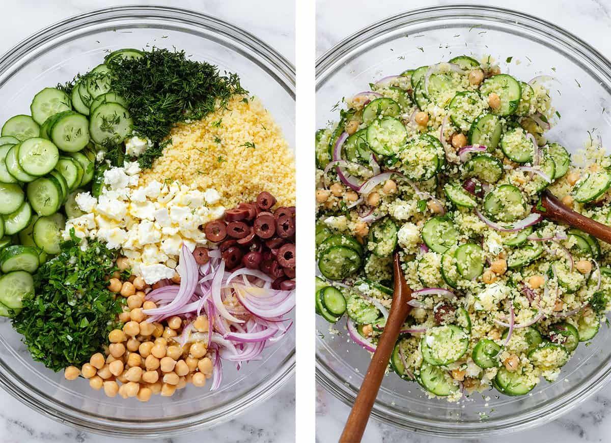 A large glass bowl with sliced cucumbers, olives, red onion, herbs, chickpeas, and couscous before and after tossing together.
