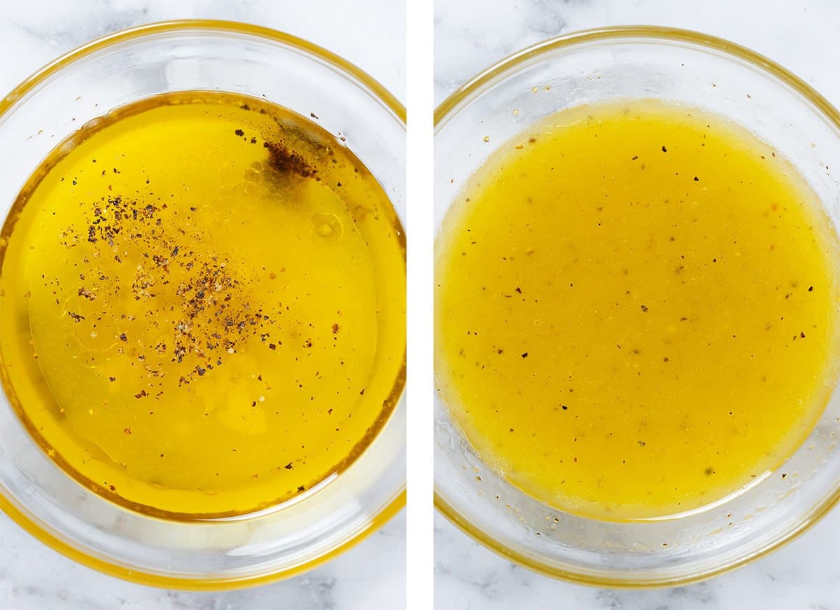 Lemon vinaigrette in a small glass bowl before and after whisking.