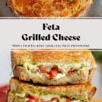Three slices of grilled cheese with red peppers and pesto stacked on top of each other showing what's inside.