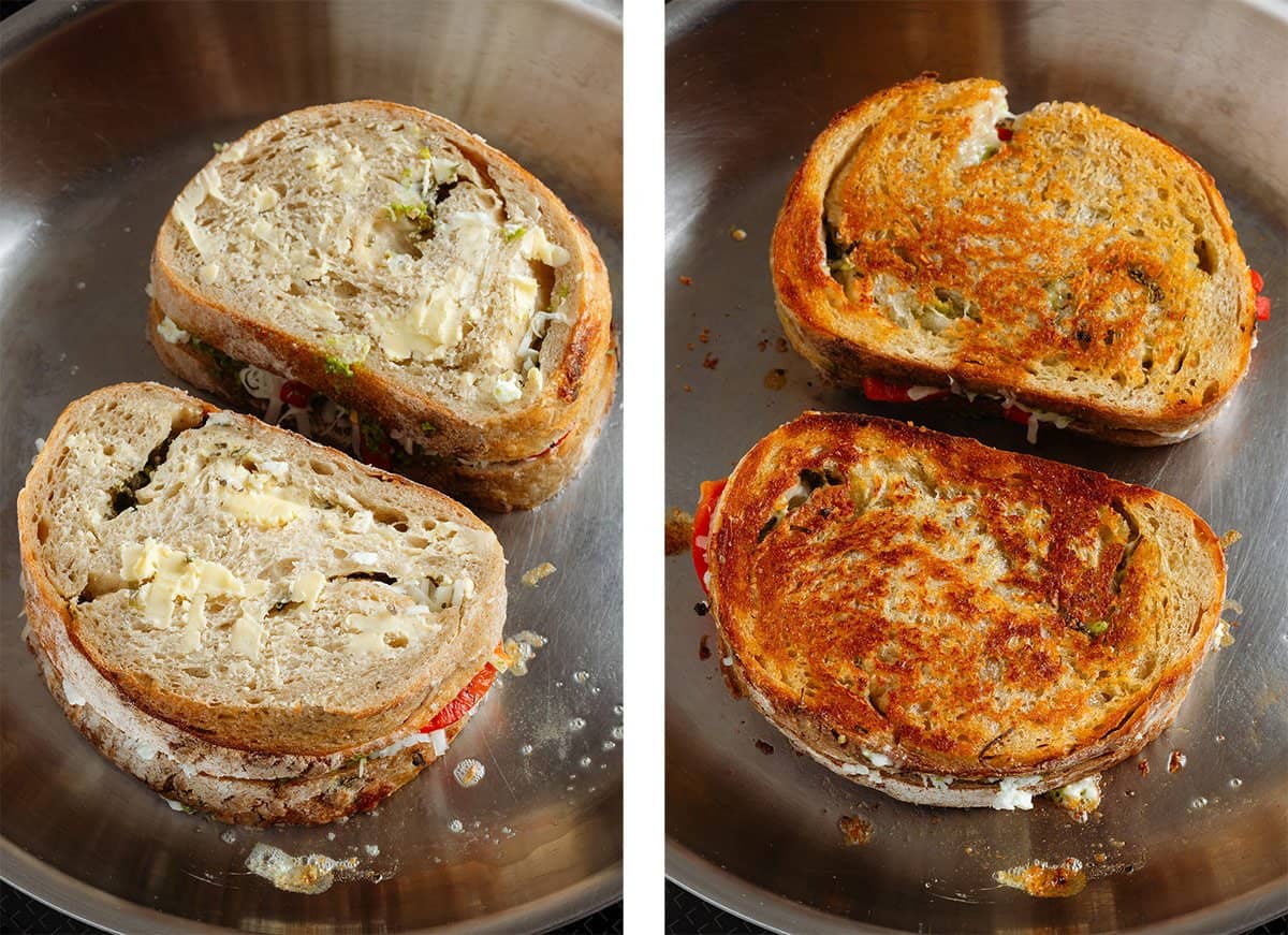 Grilled cheese cooking in a pan with butter showing how golden and crispy it gets.