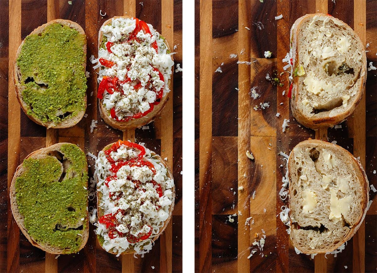 Slices of bread with pesto, cheese, and red peppers topped with another buttered slice of bread to make a sandwich.