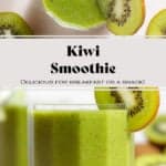 Bright green smoothie in a short glass garnished with a slice of kiwi.