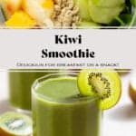 Bright green smoothie in a short glass garnished with a slice of kiwi.