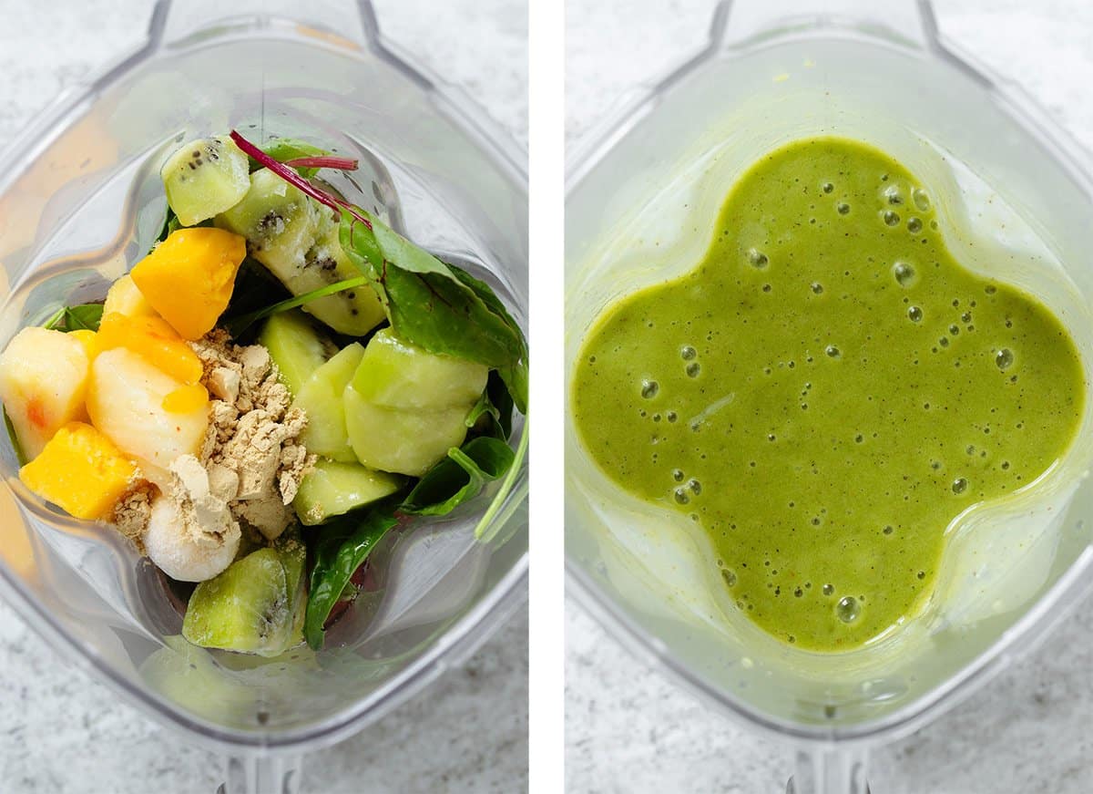 Fresh greens, frozen kiwi, mango, banana, and protein powder in a high speed blender before and after blending.