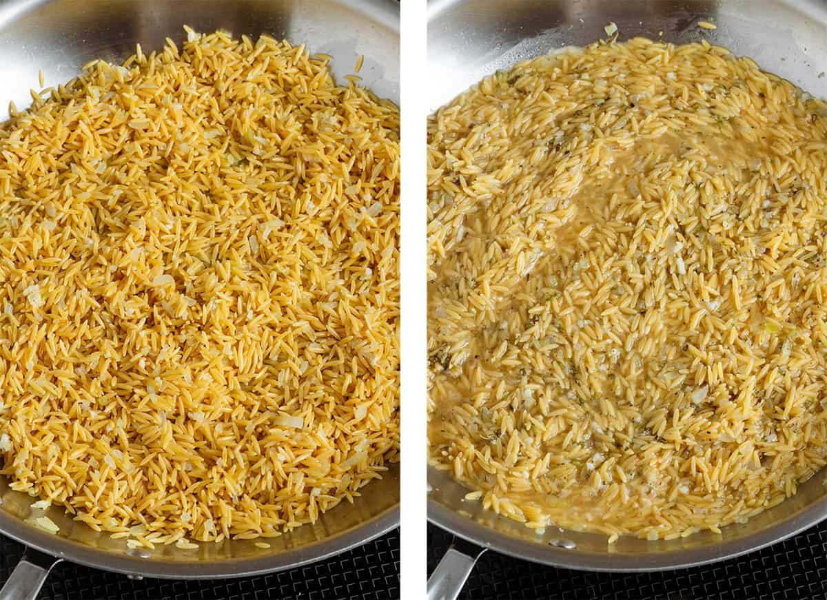 Dry orzo with diced onion in a large pan slowly cooking on the stove and vegetable broth being added in small increments.