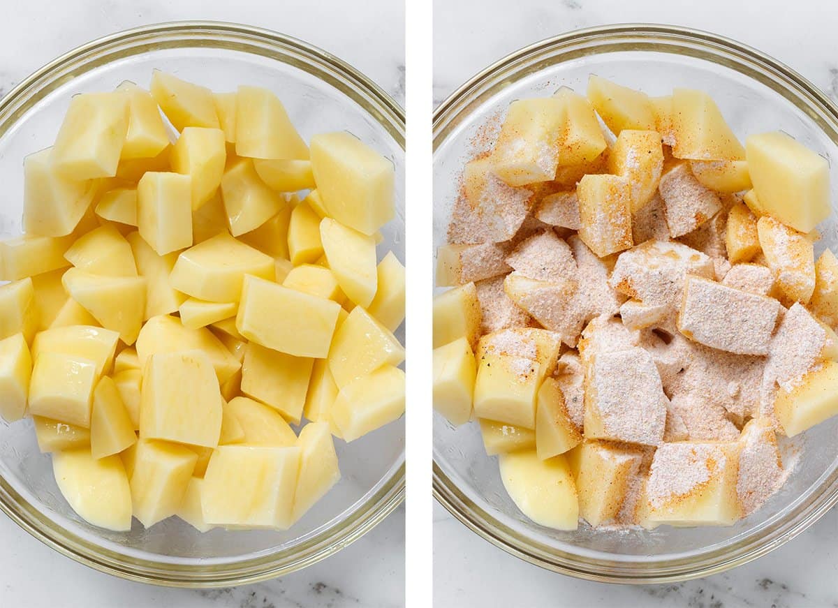 Diced potatoes tossed with cooking oil on the left and a spice mix added on the right.