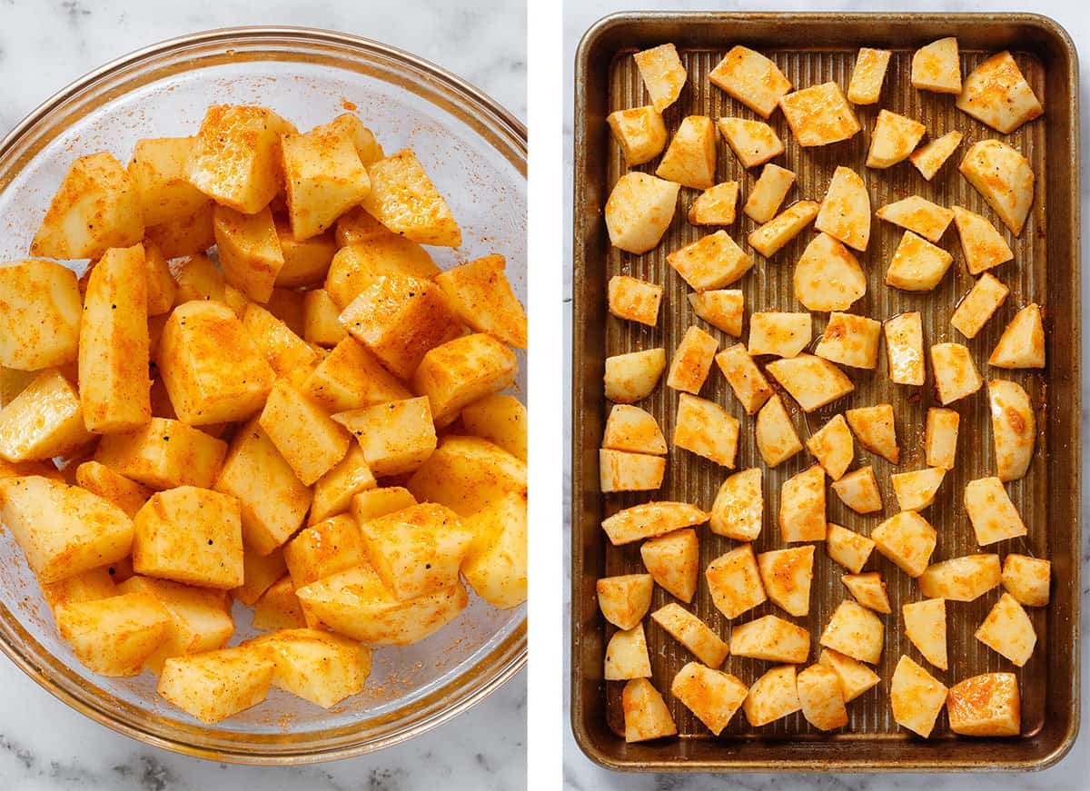 Diced potatoes tossed with spices in a glass bowl on the left and spread on a baking sheet on the right.