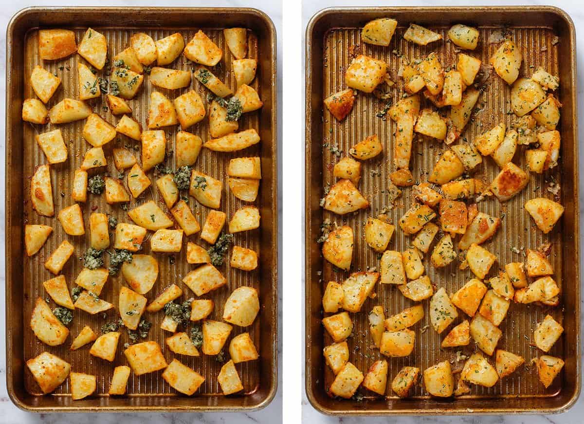 Roasted potatoes on a baking sheet with minced garlic and fresh rosemary added and mixed in.