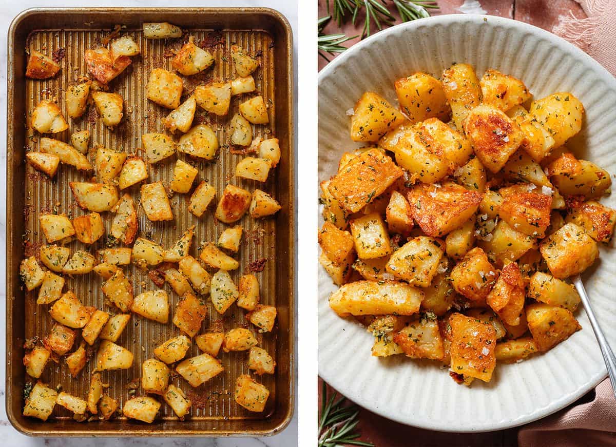 Crispy roasted potatoes on a baking sheet on the left and in a white low bowl on the right.