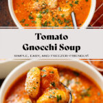 A spoon scooping three gnocchi from a bowl of tomato soup sprinkled with fresh herbs.