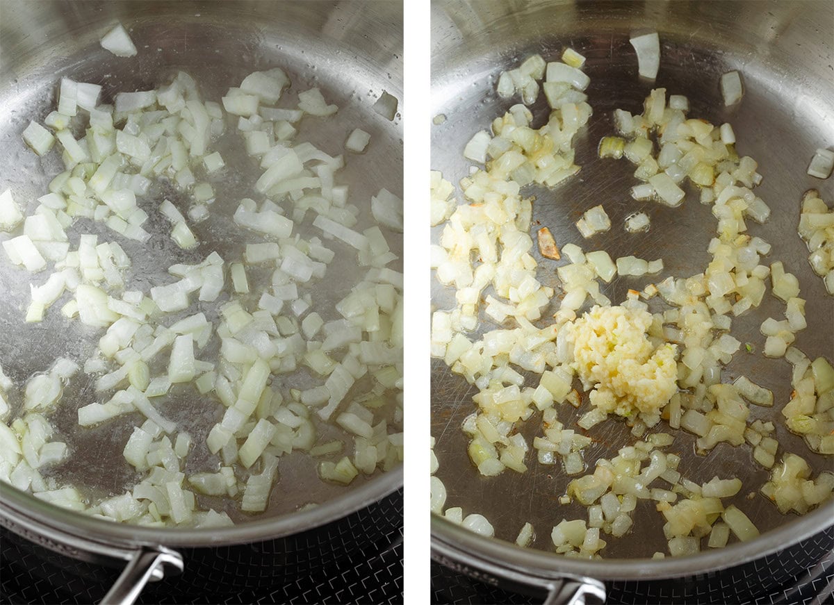 Diced yellow onion sauteing with oil in a large pot on the stove.