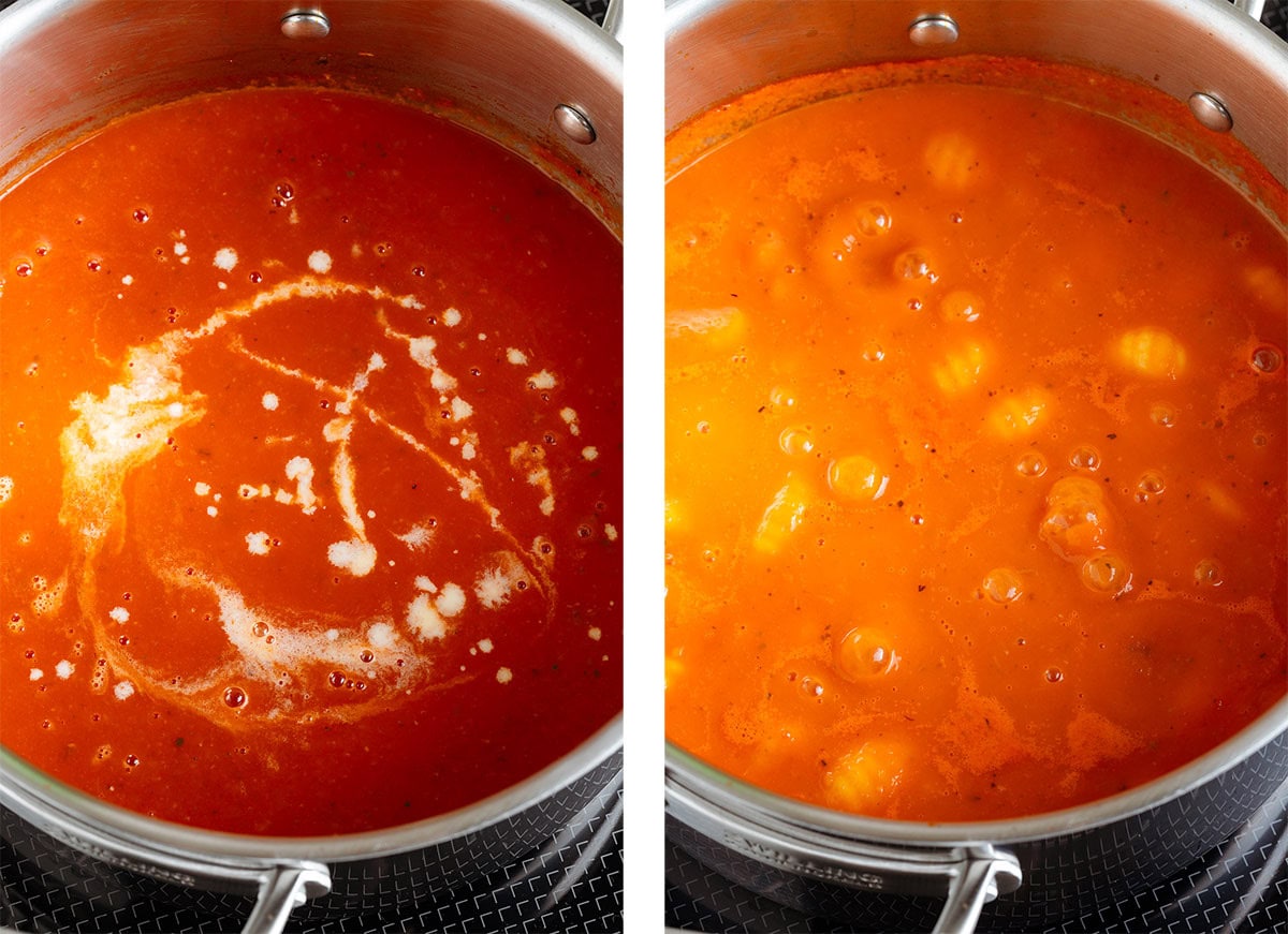 Creamy tomato soup in a large pot drizzled with heavy cream on the left and later cooking with gnocchi on the right.