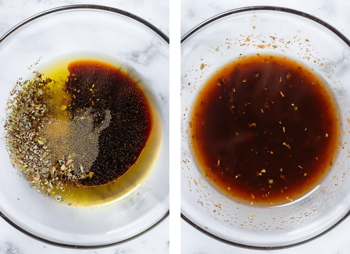 Balsamic dressing in a glass bowl before and after whisking.