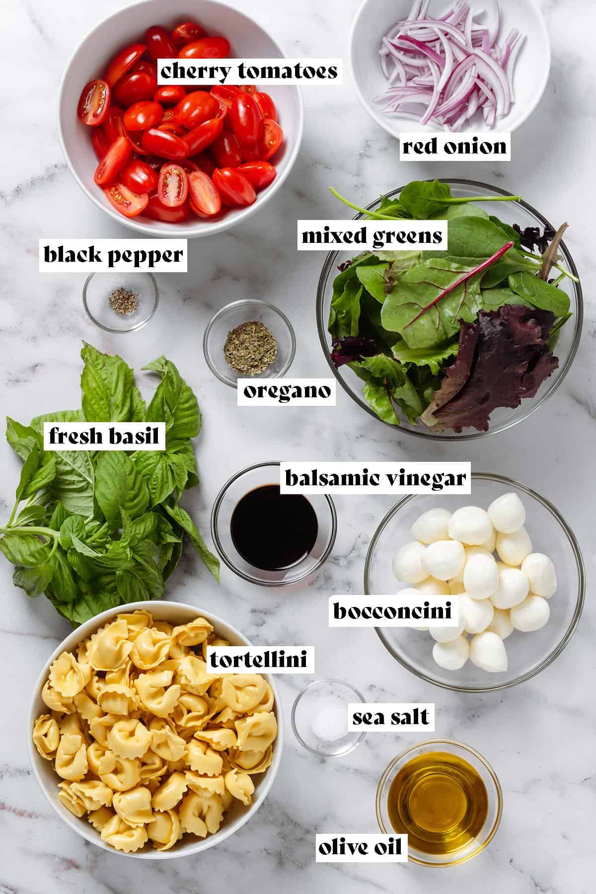 Ingredients like cherry tomatoes, tortellini, mixed greens, baby mozzarella, and others all laid out in small bowls.