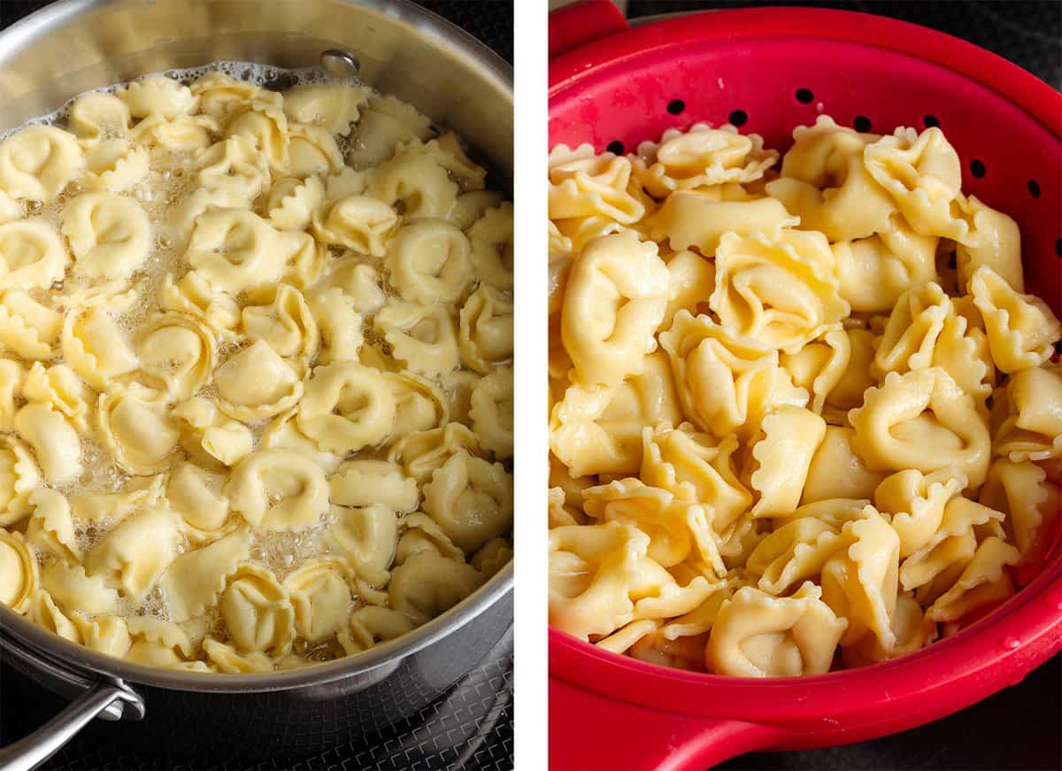 Tortellini cooking in a large pot of water and draining in a red silicone strainer.