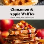 A stack of waffles with caramelized apples on top and maple syrup being drizzled over them.