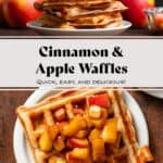 A stack of waffles with caramelized apples on top with maple syrup dripping down the sides.