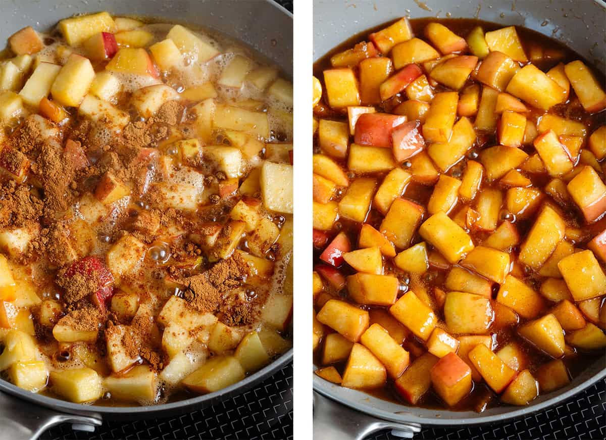 Diced apples simmering in a pan with maple syrup and spices.