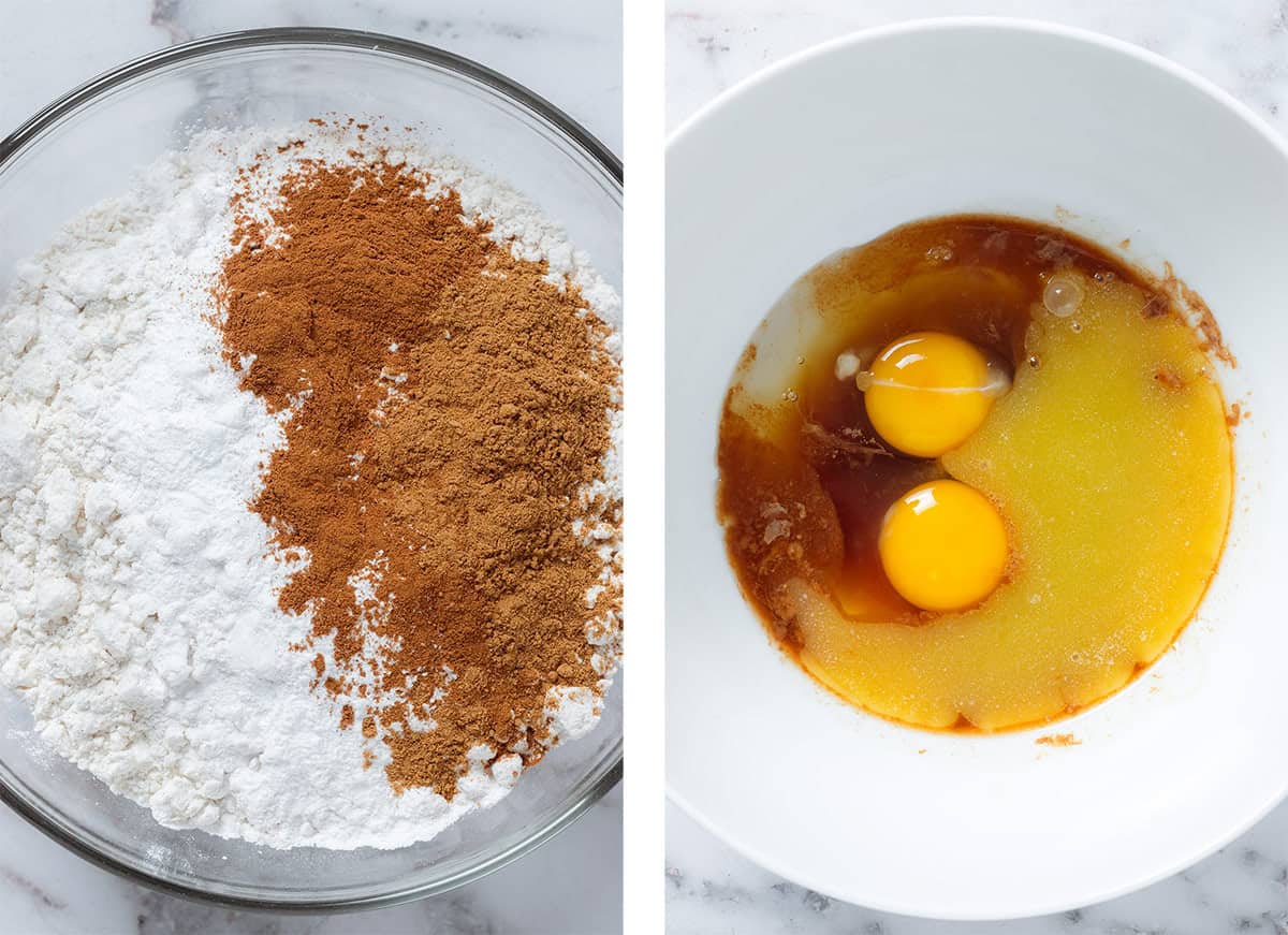 Flour and spices in a glass bowl on the left and eggs, maple syrup, melted butter in a white bowl on the right.