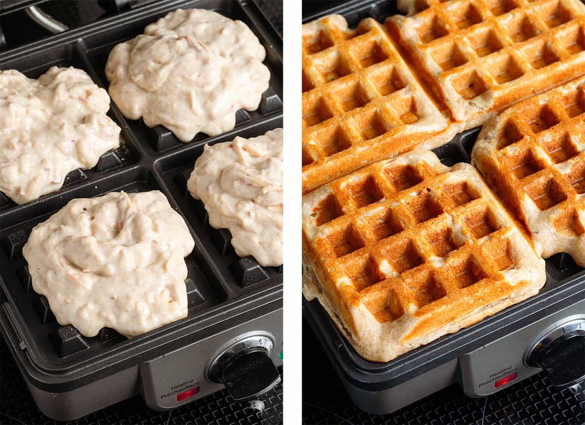 Waffles cooking in a waffle iron before and after.