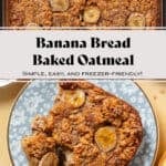 A slice of banana baked oatmeal with caramelized banana slices baked into it on top on blue floral plates.