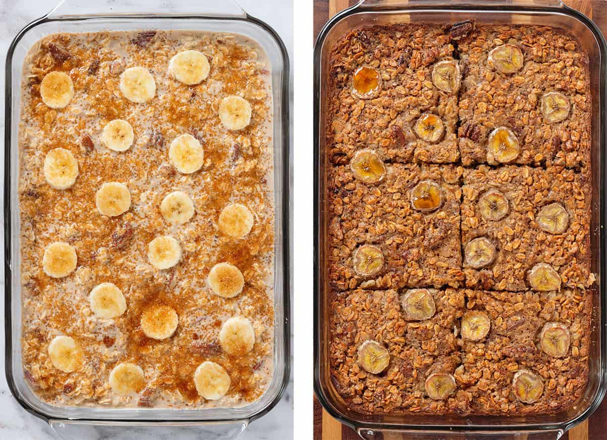 Banana baked oatmeal before and after baking in a glass baking dish.