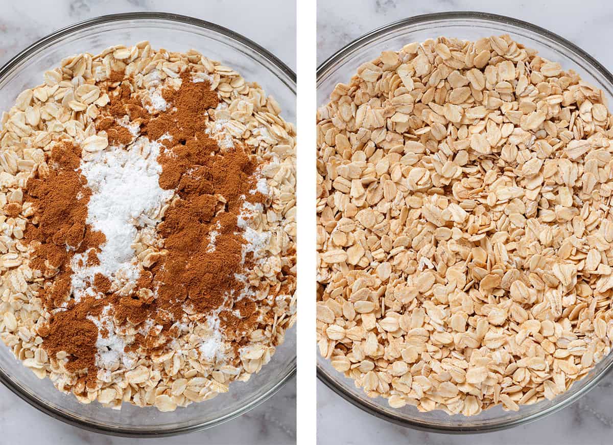 Rolled oats, spices, and baking powder before and after whisking to mix in a glass bowl.
