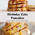 A stack of pancakes with sprinkles with whipped cream and more sprinkles on top and maple syrup dripping down the sides.