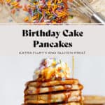 A stack of pancakes with sprinkles with whipped cream and more sprinkles on top and maple syrup dripping down the sides.