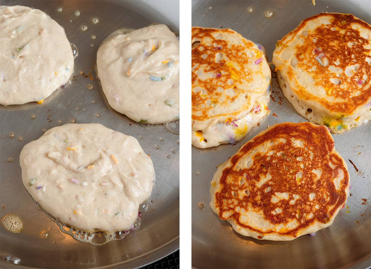 Pancakes with sprinkles cooking in a large pan with butter.