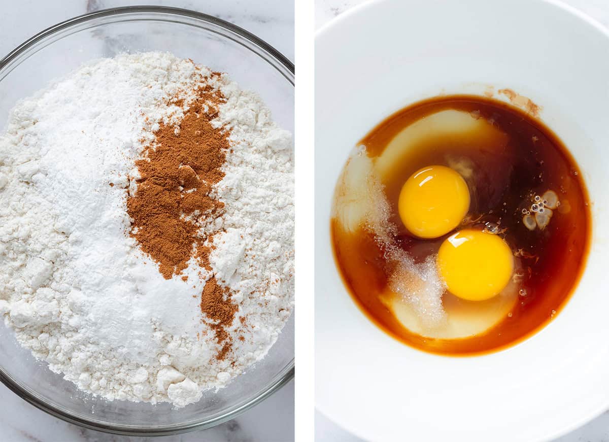 Flour and spices in a large glass bowl on the left and eggs, maple syrup, and sea salt in a white bowl on the right.
